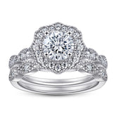 Round Zircon Flower Soleste Halo Retro Pattern Silver Ring Set